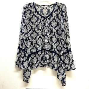 Blue Pepper Women's Navy Blue / Tan Floral Long Bell Sleeve Sheer Top Size Small